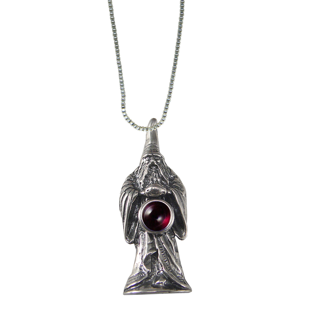 Sterling Silver Wizard of Olde Pendant With Garnet Magic Orb